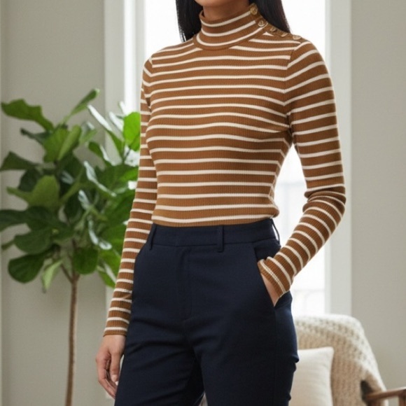 J. Crew Tops - J.Crew Ribbed Mock Neck Striped Sweater M Camel Brown White Coastal Classic